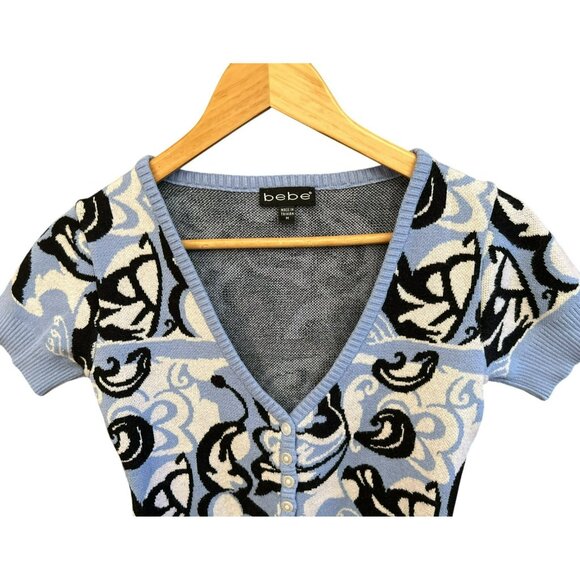 Y2K Bebe Blue Black Floral Knit Button-Front V-Neck Short-Sleeve Top Size M - Picture 2 of 6